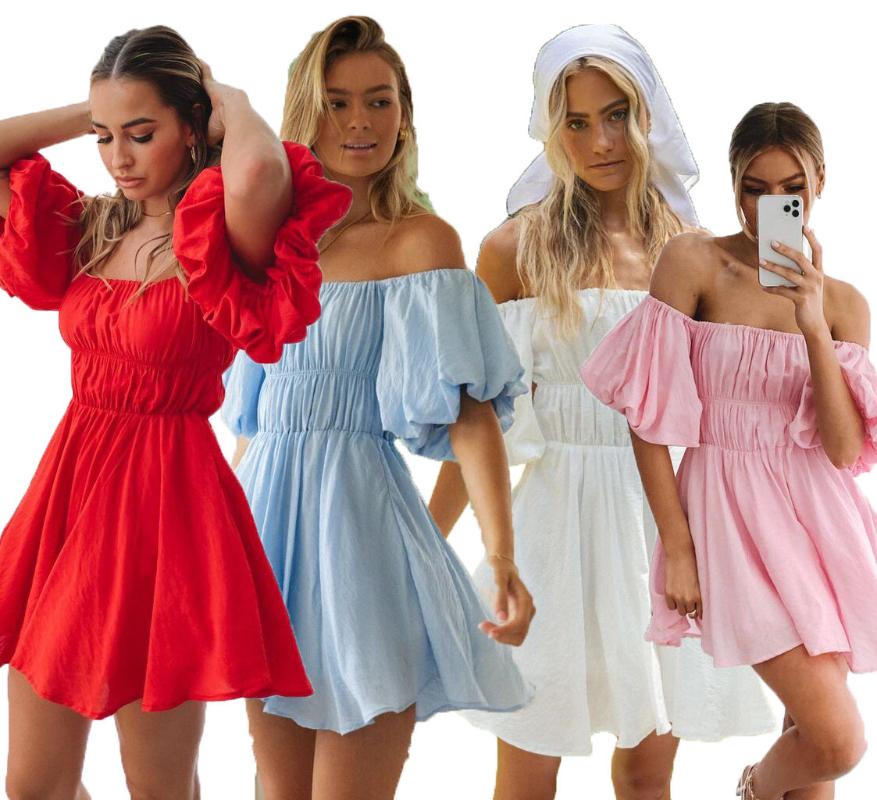 

Plus Size Dresses Women Fashion Mini Dress Sexy One Neck Off Shoulder Puff Sleeve Elastic Waist Fresh And Sweet Big Swing Summer 2022