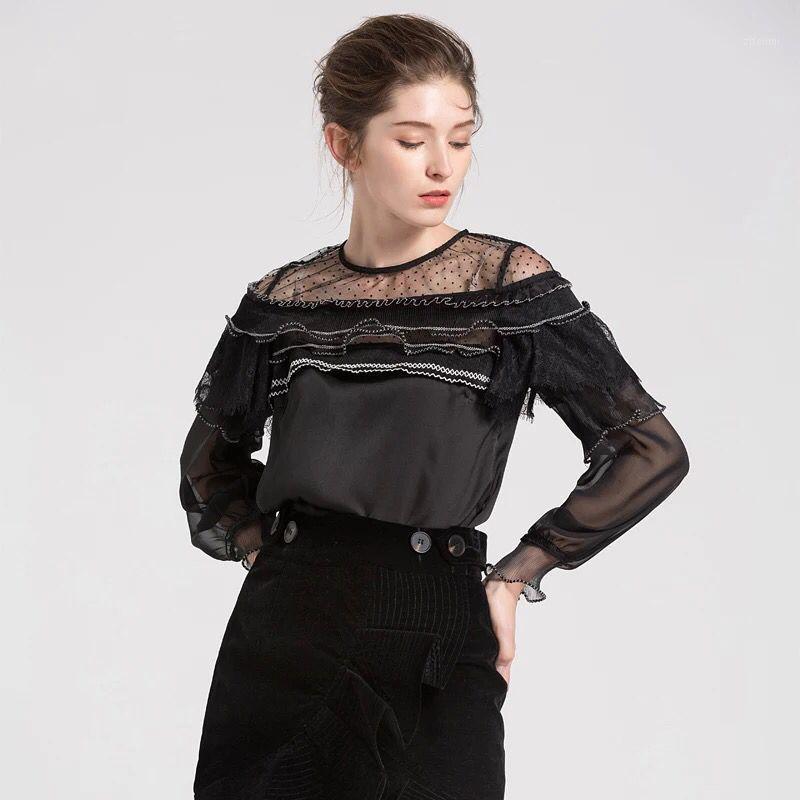 

Women' Blouses & Shirts Runway Women Blouse Lace Sexy Voile Dots Ruffles Puff Long Sleeve Blusa 2022 Summer Top Feminine Shirt Lady Camisa, Black