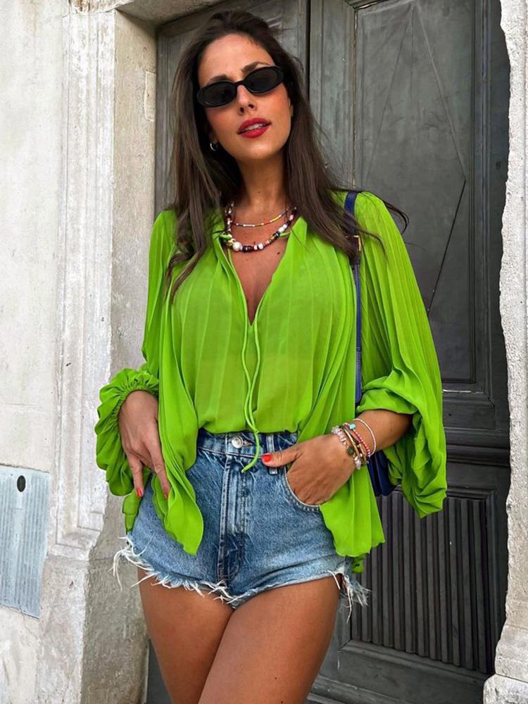 

Women's Blouses & Shirts Or Tops For Woman V Neck Tie Elegant Pleated Blouse Balloon Long Sleeve Top Green Oversized Women Clothing 2022Wome