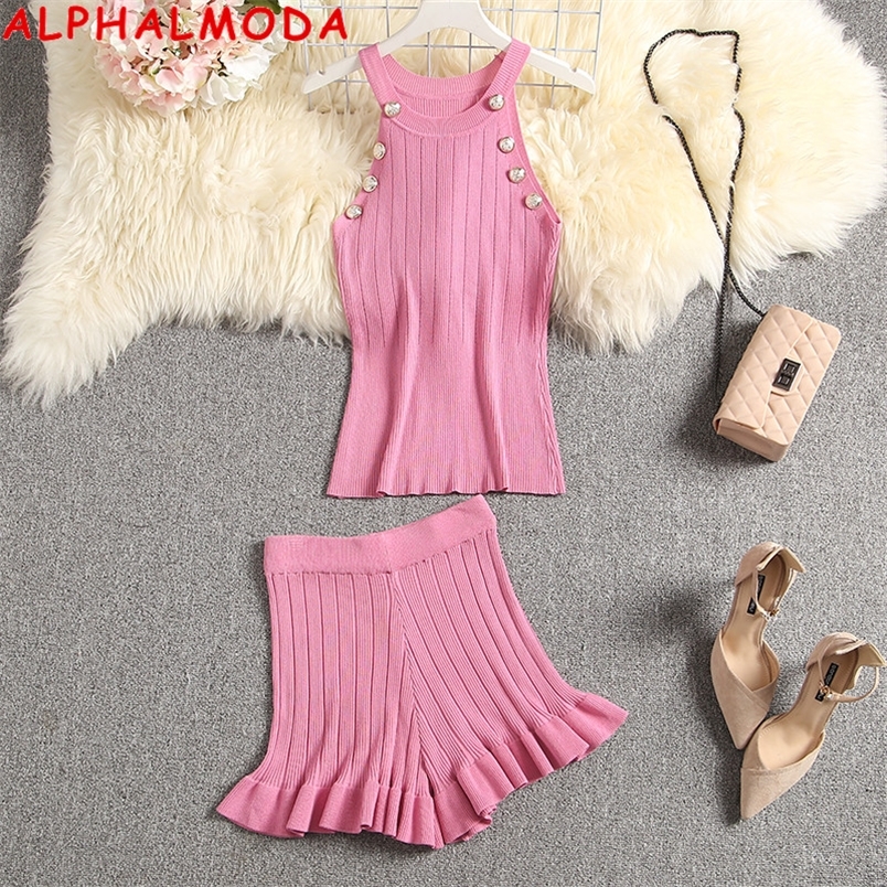 ALPHALMODA D'été Couleur Top En Tricot Shorts Femmes 2 pièces Ensembles de Vêtements de Salon Bouton Débardeur Short 2 pièces Ensemble de Vêtemen