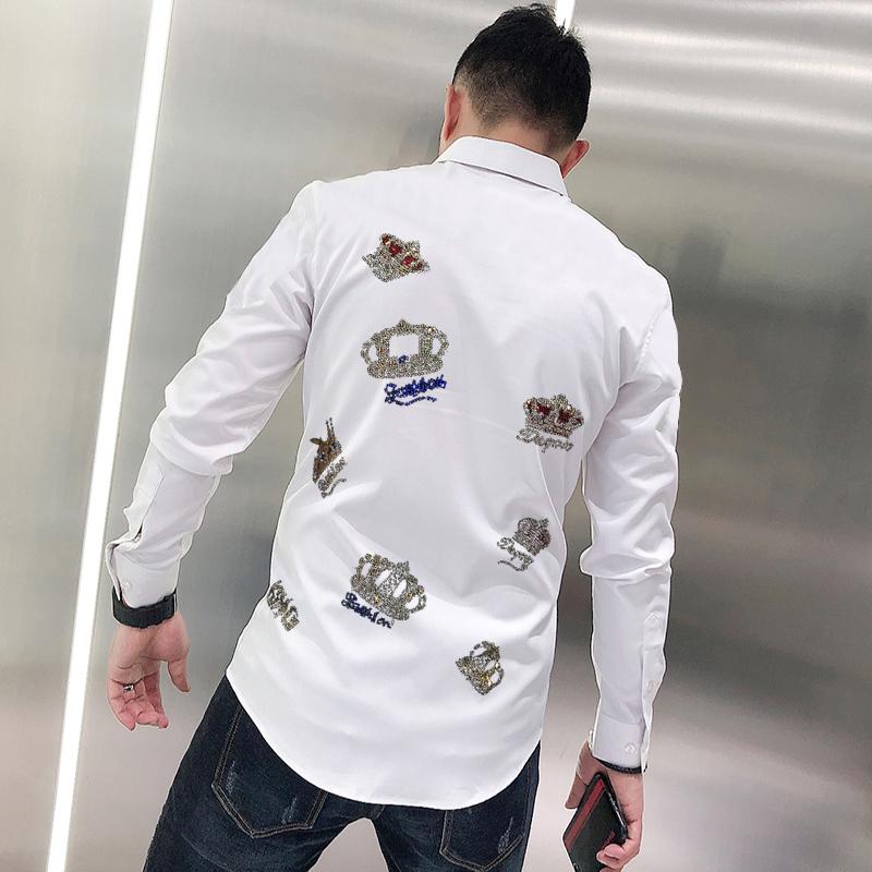 

Men's Casual Shirts Spring Autumn Trend Men's Shirt Asian Plus Size M-5XL Hip Hop Long Sleeve Exaggerated Crown Pattern RhinestoneMen's, As shown asian size