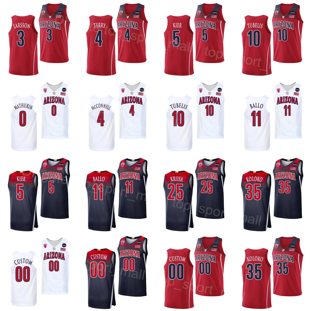 

NCAA College Basketball Arizona Wildcats Jersey 0 Bennedict Mathurin 10 Azuolas Tubelis 35 Christian Koloko 25 Kerr Kriisa 4 Dalen Terry 11 Oumar Ballo University, White