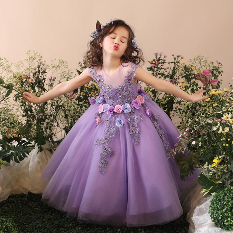 

Girl's Dresses Flower Girl Elegant Dress First Communion For Girls Children Purple Tulle Ball Gown Kids Pageant Wedding Clothes KidGirl's, Lavender
