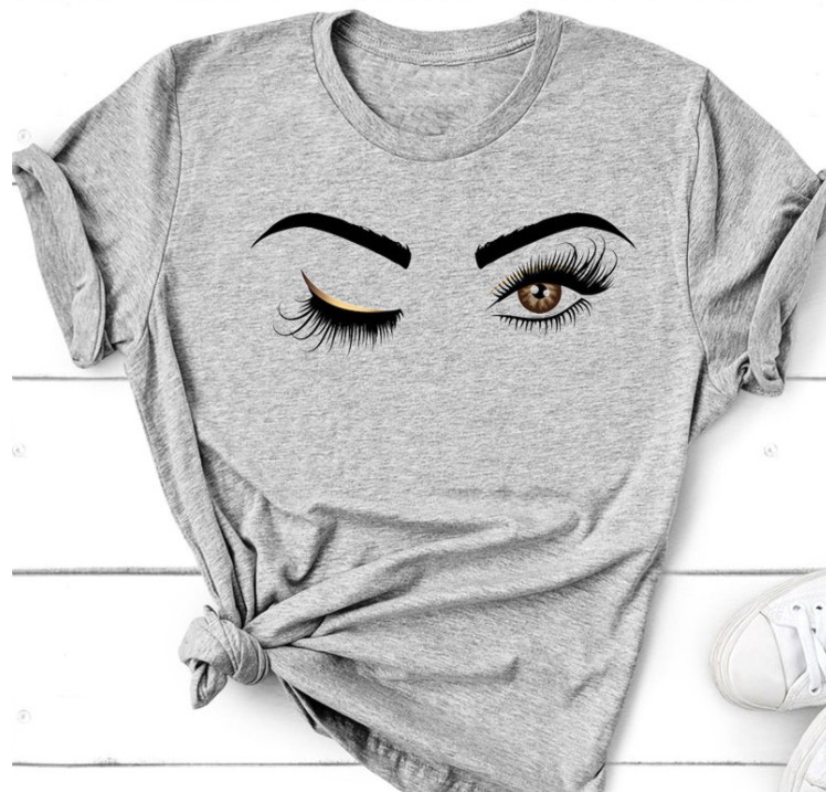 

Pretty and cute Eye Lashes Red Lips Print Women t shirt Summer Casual Short Sleeve O Neck t-shirt Ladies White TShirt Tops, 12