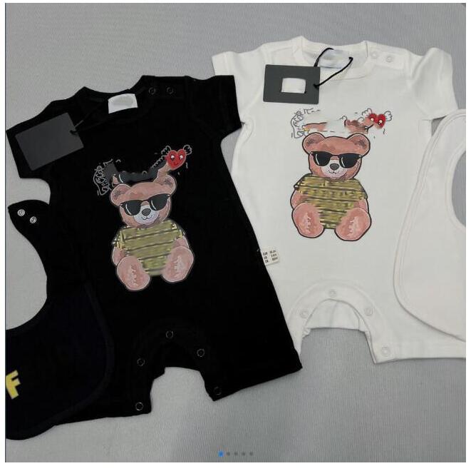 

Fashion Summer Baby Brand Rompers With Bibs Cotton Newborn Short Sleeve Jumpsuits Cartoon Bear Infant Letters Printed Onesies Toddler Clothing 0-24 Months, As picture