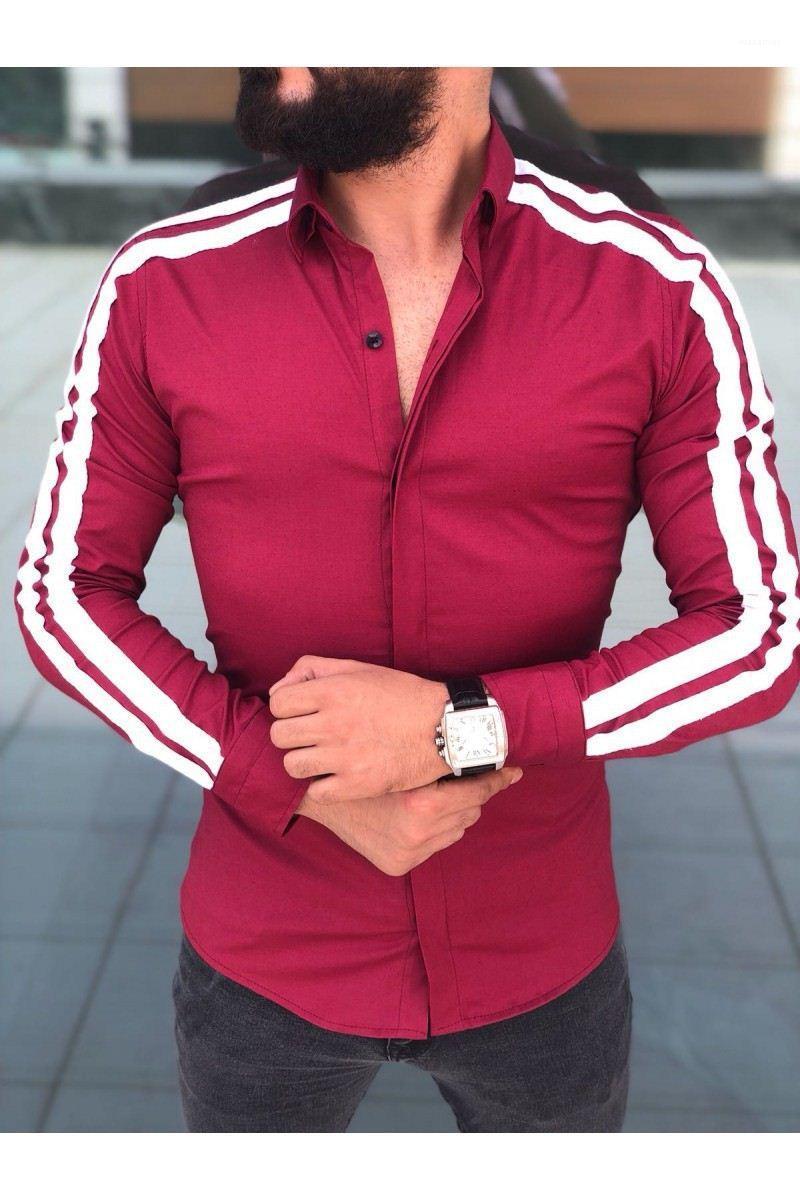 

Shirts Blouse Dress Slim-Fit Long-Sleeve Black White Male Stripe Men Casual Stylish Red Men's, D71-white