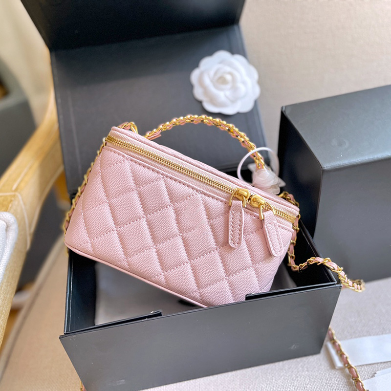 

Womens Classic Cavir Leather Box Trunk Vanity Bag Real Leather Calfskin Card Holder Top Letter Handle Totes With Mirror GHW Crossbody Shoulder Handbag 18CM