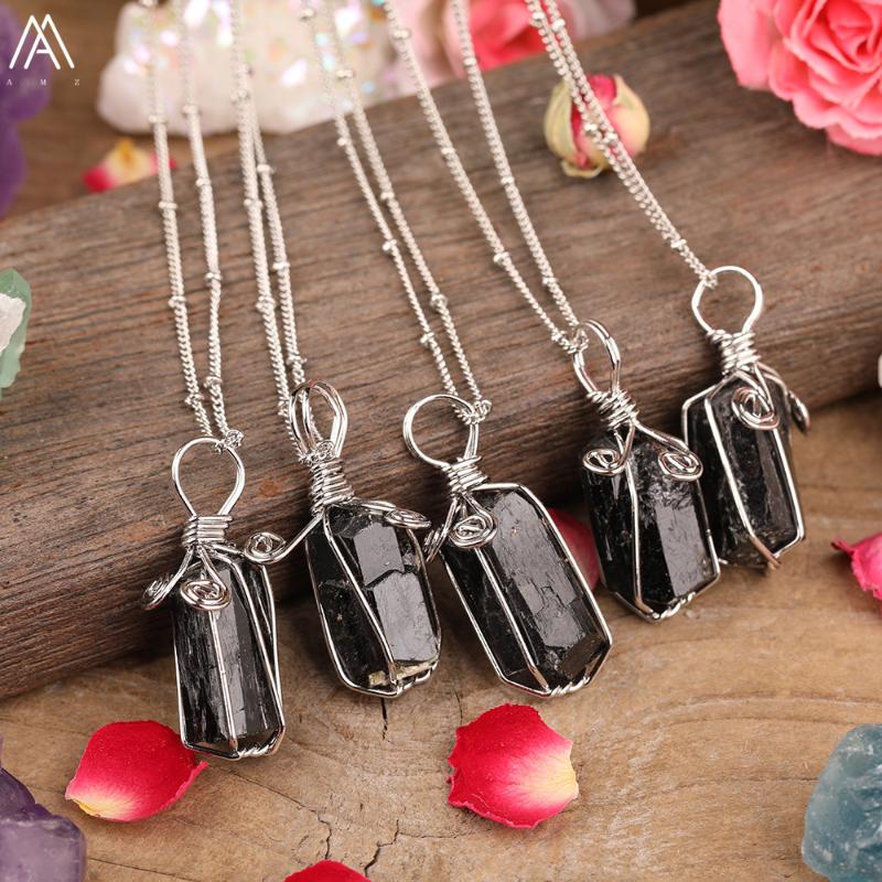 

Chains Exquisite Women Stone Beads Necklace Natural Black Tourmaline Nugget Pendant Silvery Jewelry DropChains