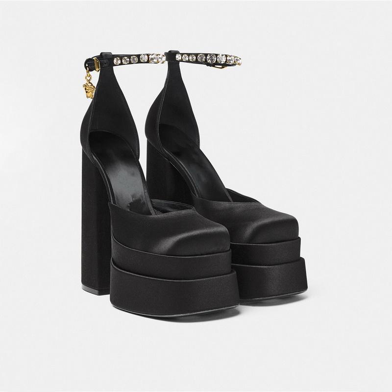 

Dress Shoes Brand Women Pumps Fashion Sexy Chunky High Heels Platform Party Wedding Buckle Rhinestone Strap Sandalias, C-orange