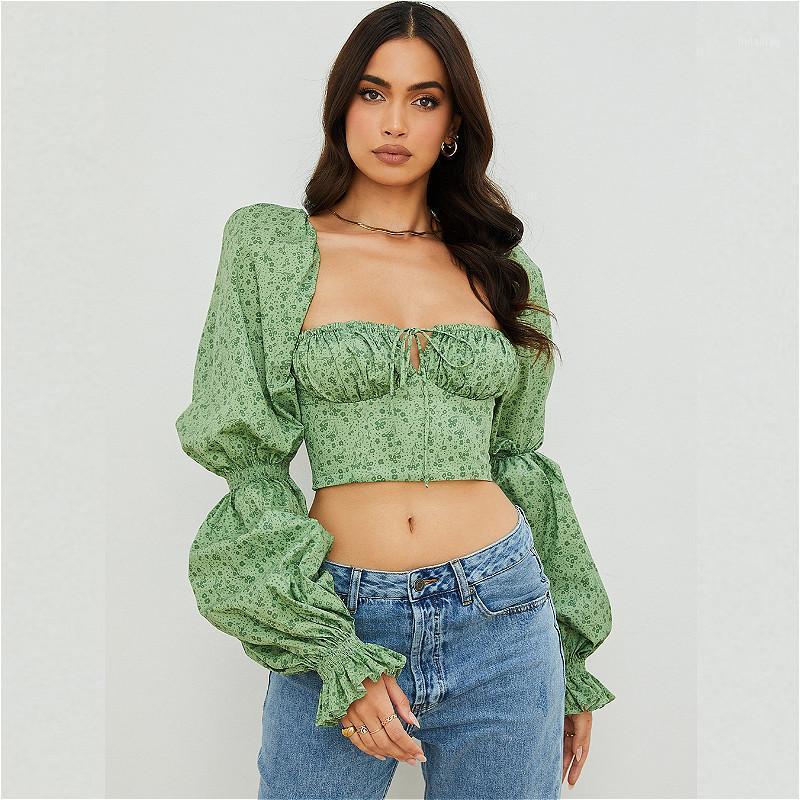 

Women' Blouses & Shirts Puff Sleeve Floral Vintage Crop Tops Women 2022 Autumn Long Square Neck Corset Elegant Blouse Shirt Female, Green