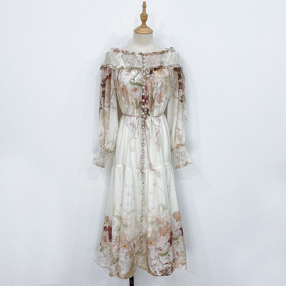 

2022 spring and summer European and American fashion brand silk cotton exquisite sketch Beaded long dress, Multi