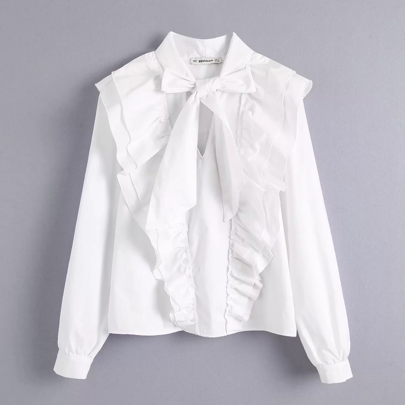 

women sweet bow tied cascading ruffles white blouse women stand collar agaric lace smock shirt femininas chic blusas tops LS4136 Y200422, As pic ls4136bb