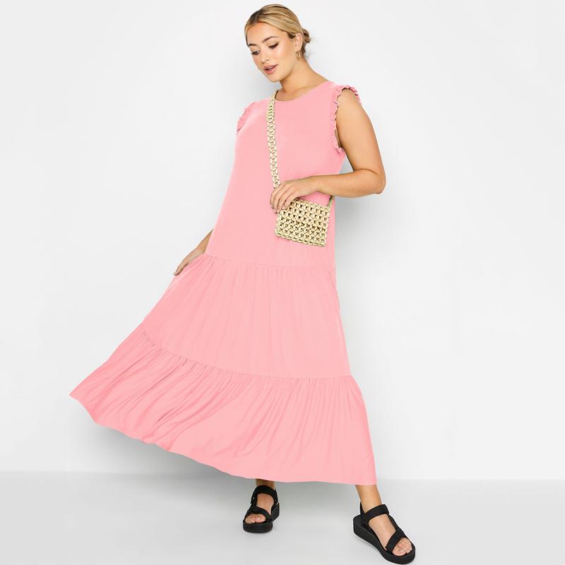 

Plus Size Dresses Sleeveless Summer Elegant Maxi Smock Dress Women Frill Sleeve Long Fit Flare Chic Tank Casual Beach 6XLPlus, Pink
