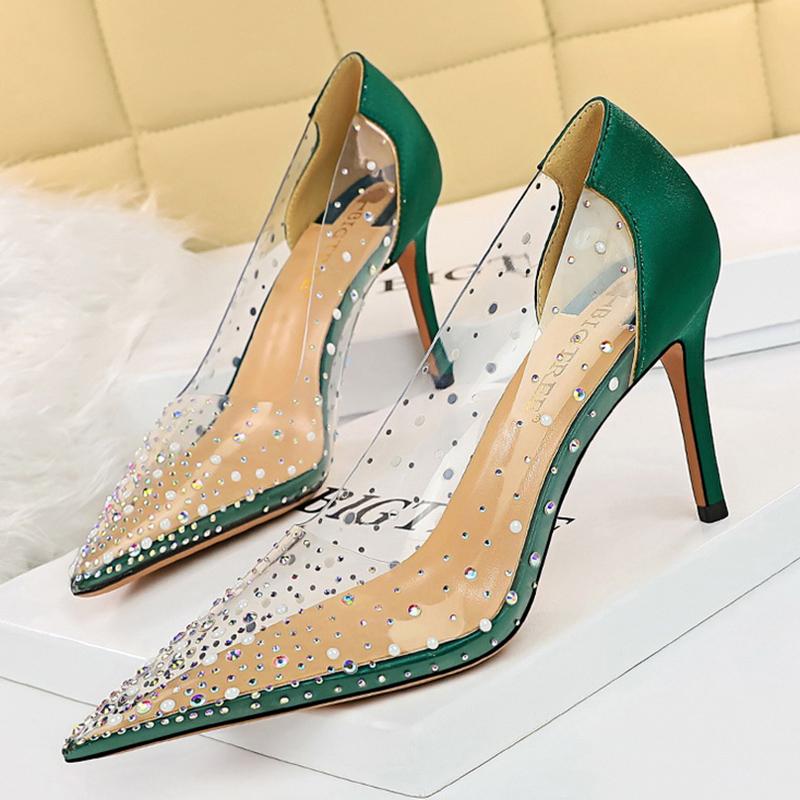 

Dress Shoes 2022 Women 8.5cm High Heels Wedding Bridal Pumps Escarpins Lady Crystal Diamond Stripper Fetish Green Transparent, Pink-silk