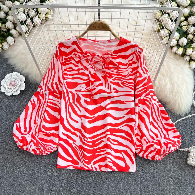 

Women' Blouses & Shirts SuperAen 2022 Spring Fashion V-neck Loose Zebra Printing Lantern Sleeve Chiffon Casual Womens TopsWomen, Blue