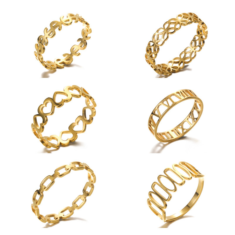 18K Stainless Steel Hollowed Out Ring Geometric Heart Shaped Roman Numerals Rings For Women Jewelry-image-770034554