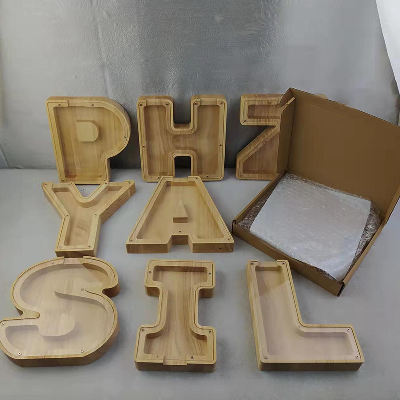 

Home Decor Novelty Items Boys Girls Large Piggy Banks 26 English Alphabet Letter Animal Wooden Transparent Money Saving Box Custom Text Name DIY Creative Gift