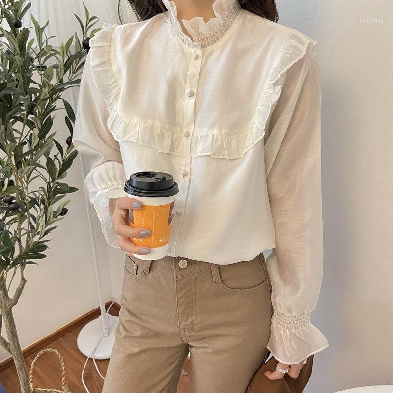 

HziriP Office Lady Ruffles Stand Chic 2022 Flare Sleeves Elegance Women Loose Fashion Work Wear Blouse Brief Gentle Shirts Women's Blouses &, Pink