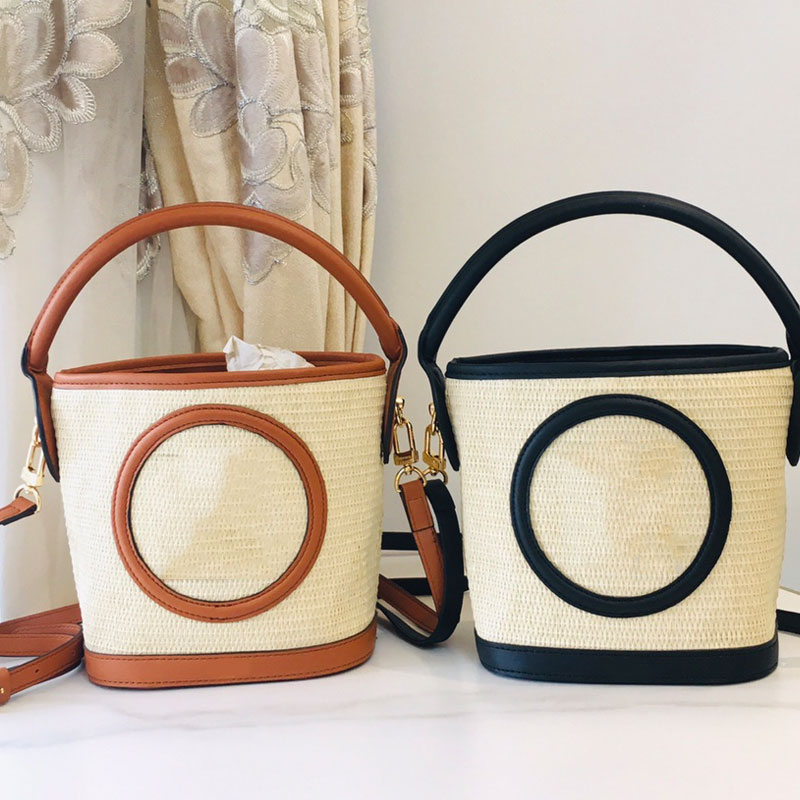 Straw Bucket Bags Woven Handbag Top Quality Leather Beach Bag Totes Crossbody Bags Purse Classic Letters Women Shoulder Bag Large Capacity Detach