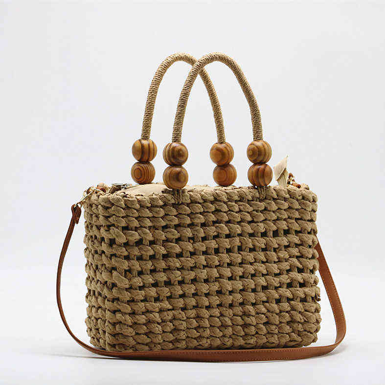 

Wooden Bead Grass Woven Bag Single Shoulder Menger Women's, Camel