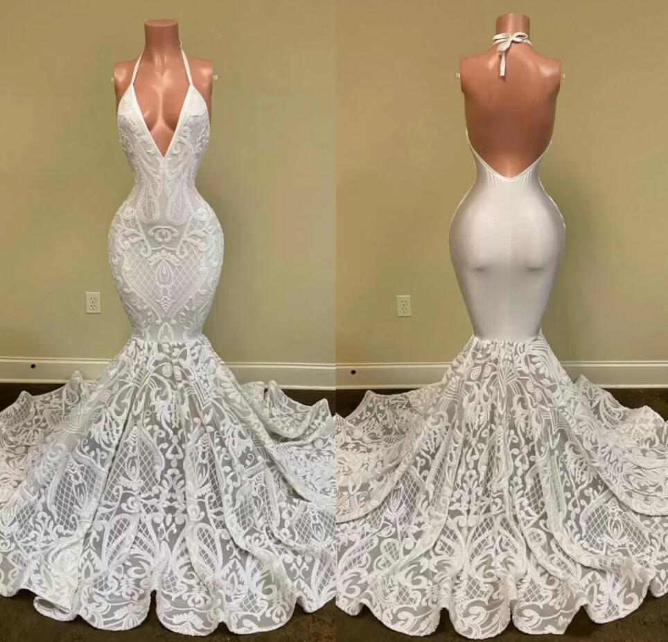 ivory 2022 Mermaid Prom Dresses Halter Lace Sequined Appliqued Backless ruffles sweep train trumpet african evening dress VOG343-image-758808130