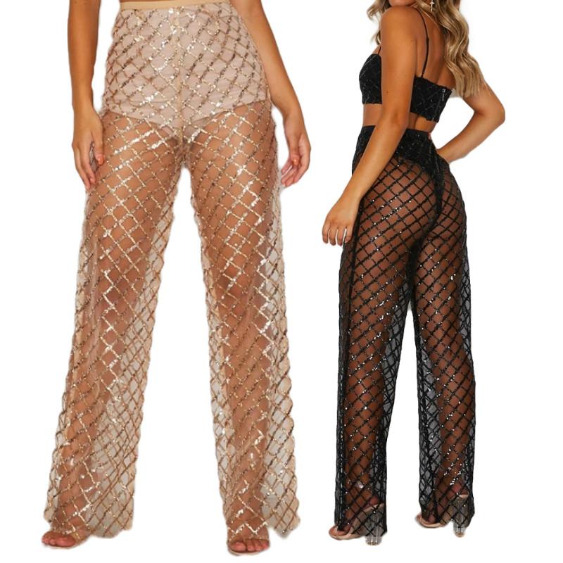 

Women' Pants & Capris 2022 Fashion Womens See Through Sheer Mesh Wide Leg High Waist Beach Cover Up Club Sexy Long, Gold