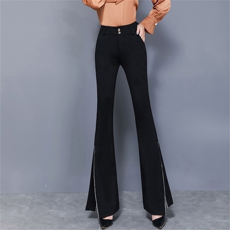 

Zoki Elegant Women Flare Pants High Quality Elastic Korean Black Split Spring Lady Trousers Fashion High Waist Button Full Pants 201228