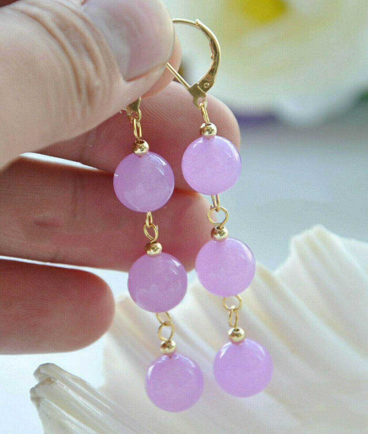 

10mm Lavender Purple Jade Gemstone Round Beads Dangle Golden Leverback Earrings