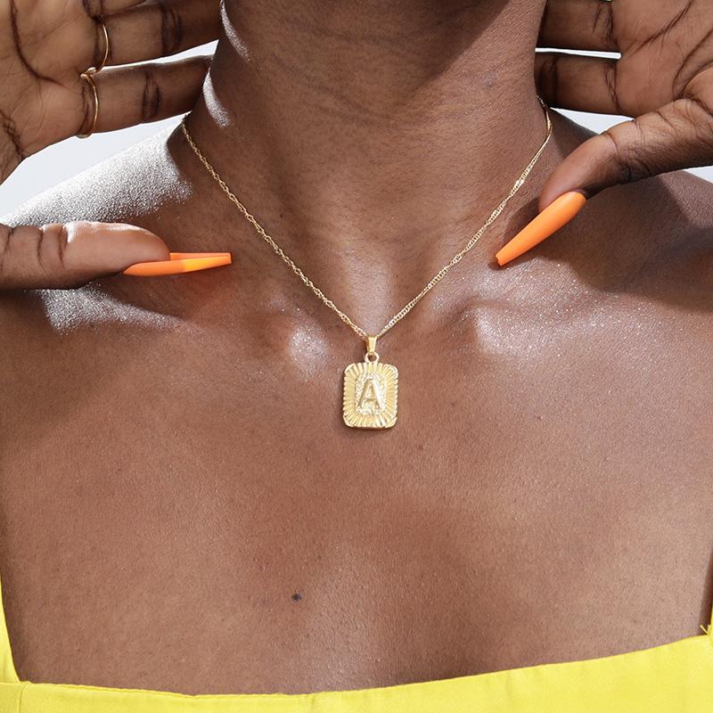 

Pendant Necklaces Initial Plate For Women Stainless Steel Necklace Letter Square Charm Water-Wave Chain Boho Jewelry Gift BffPendant