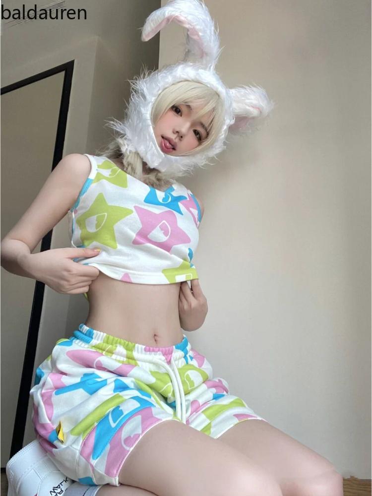 

Women' Tracksuits Korean Girl Sweet Y2k Outwear Suits Summer Two Pieces Set Women Star Print Kawaii Crop Tankl Top Elastic ShortsWomen, 2 set as photo
