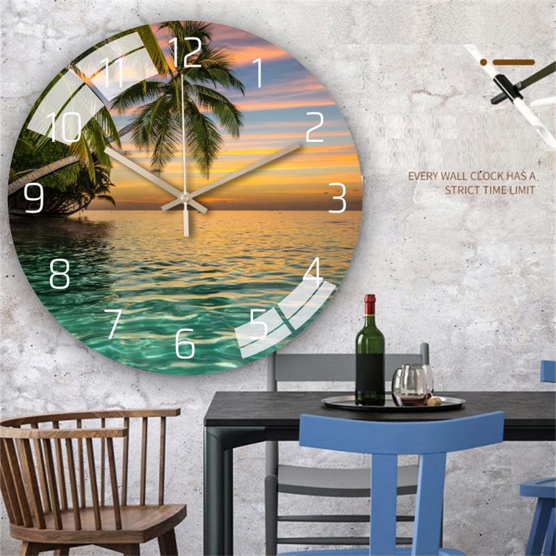 

Wall Clocks Nordic Light Luxury Clock Palm Tree Sea Living Room Bedroom Creative Fashion Decoration Mute Simple Glass Dial 30cmWallWallWall