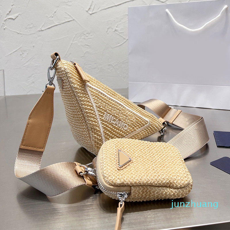 

Summer Straw Triangle Bag Weave Crossbody Bags Women Mini Handbag Candy Purse Flap Wallet Removable Wide Shoulder Strap Fashion Letters 2022, Box