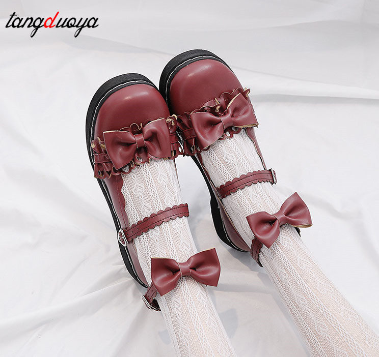 

Cute Sweet Lolita shoes bow kids 2022 new autumn Lolita shoes red flat bottom uniform JK shoes Mary Jane Harajuku, Black
