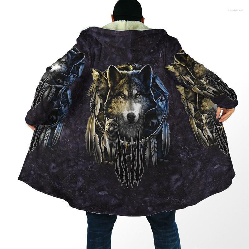 

Men' Trench Coats Est Winter Mens Cloak Beautiful Tribal Native Wolf 3D Full Printing Thick Fleece Hooded Coat Unisex Casual Warm Cape Kend, Beige