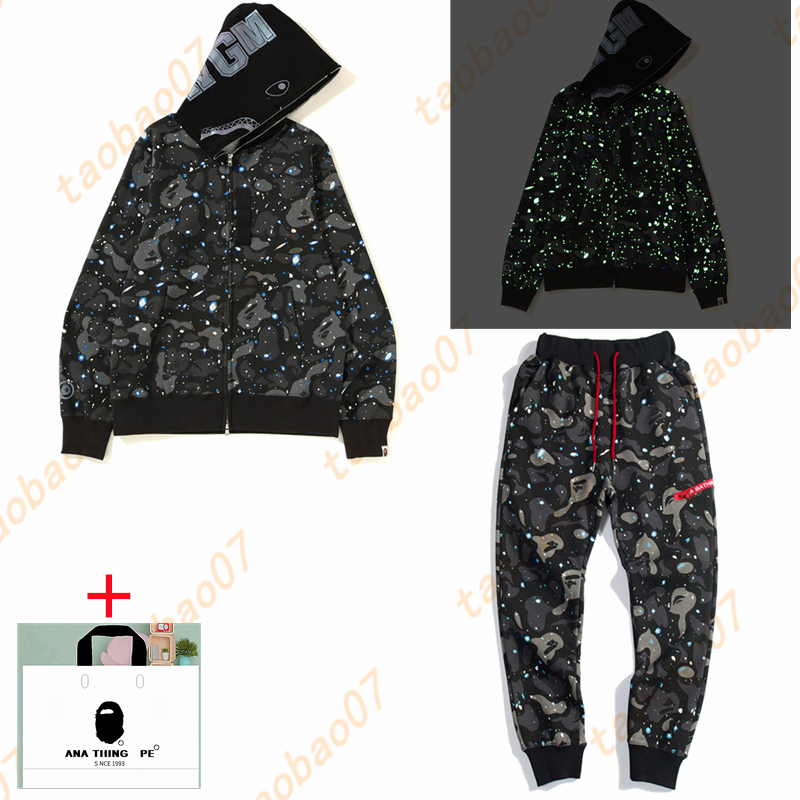 

apes Men Tracksuits Shark Hoodies Luminous camouflage high quality Sweatshirts men and women cardigan hooded sweater zipper jacket A17, 1 pcs buttou
