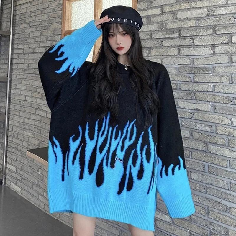 

Women' Sweaters Fashion 2022 Women Sweater Flame Jacquard Color-blocking Knitted Couple Pullover Oversized Hip-hop Men' -selling Ins Top J, Purple