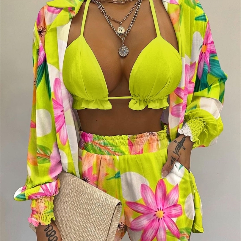 

3PCS Lantern Sleeve Shirt & Floral Print Shorts Set With Crop Top Summer Beach Holiday Women Clothings Fashion Green Suits 220510