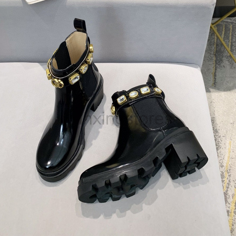 

2022Women Leather Ankle Boot Designer Womens Boots Fashion Desert Double G Bee Crystal Lace-up Winter Shoes Rubber Beige Ebony Fabric Bootie, Black stencil