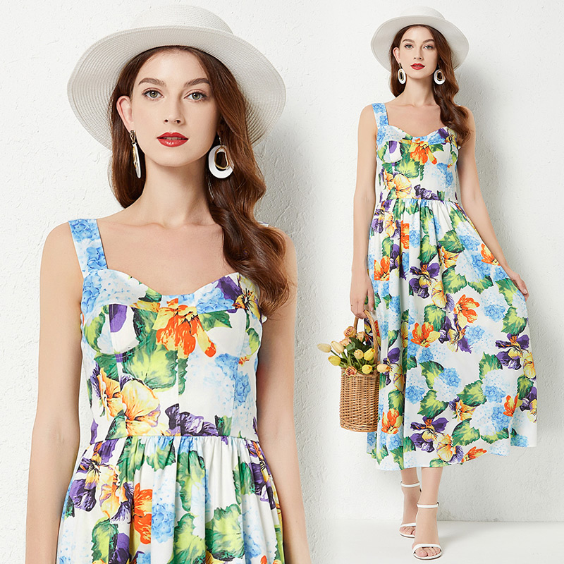 

Summer Party Floral Suspenders Dress Woman Designer Sexy Sleeveless Casual Resort Slim Print A-Line Beach Dresses 2022 Women Clothes Milan Style Pleated Midi Frock