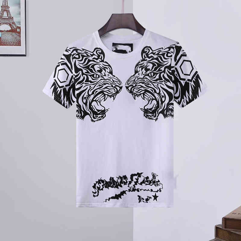 

Male fashion luxury digner the Tiger pp Tiger heavy industry printing trim leisure Skull Diamond t shirts short sve Brand Summer high O-Neck Quality
