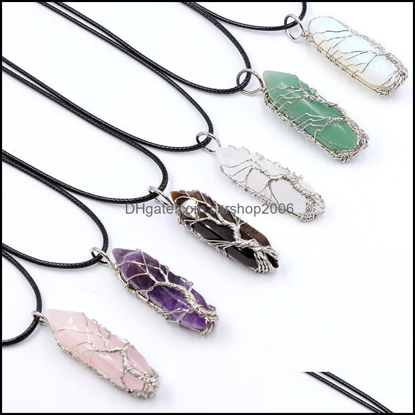 

Pendant Necklaces Pendants Jewelry Wire Wrapped Natural Stone Hexagonal Pyramid Tree Of Life Healing Chakra Crystal Amethyst Rose Quartz P