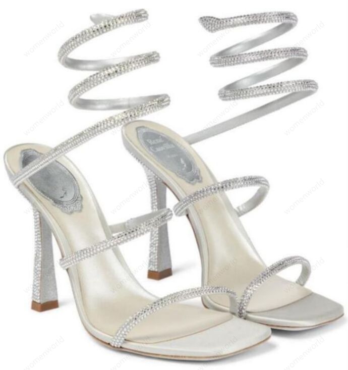 

RENE CAOVILLA 10cm stiletto High heel Sandals CRYSTAL Karung Beige Snakelike twining rhinestone sandals women summer Top quality thick heels shoes largest 43, Only a boxes