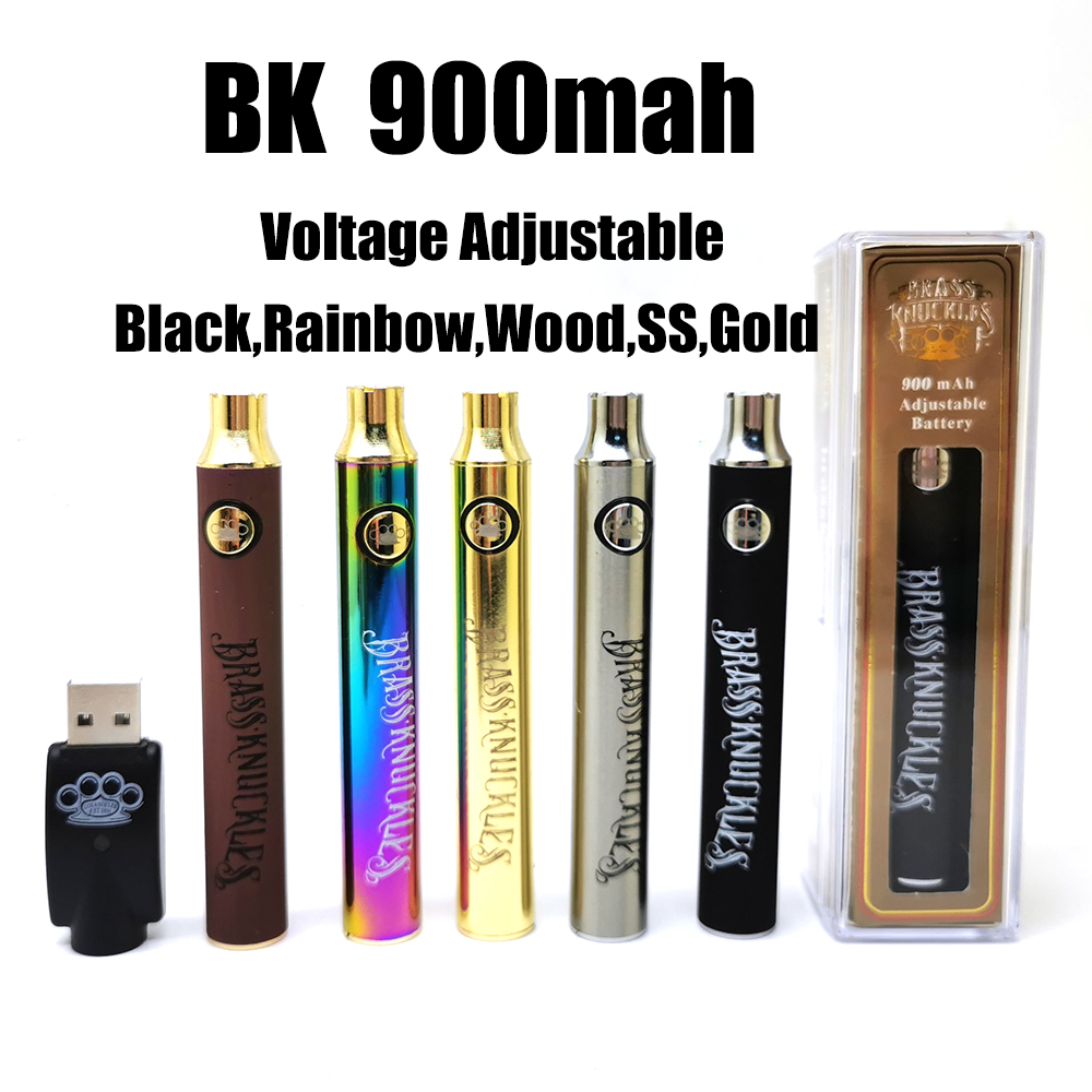 

BK Battery Brass Knuckles Batteries E Cigarette Vape Pen 900mAh Gold Wooden SS Rainbow Black Preheat 5 Colors VV For Thick Oil Cartridges