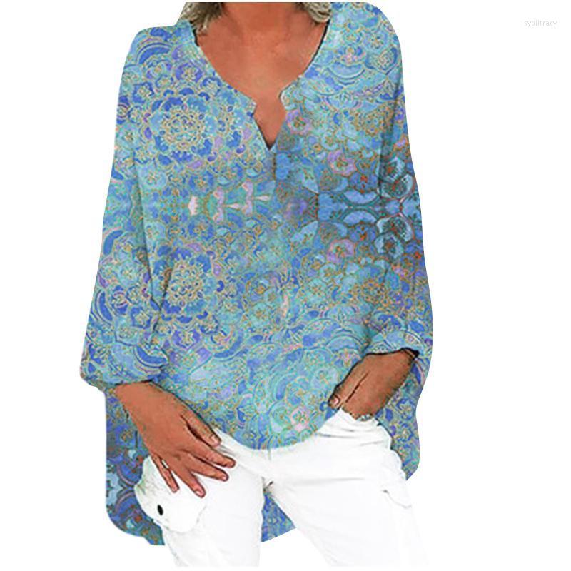 

Women's Blouses & Shirts Plus Size Floral Print Women V-neck Button Pullover Tops Spring Summer Loose Long Sleeve T-shirt Casual Blouse Sybi, Green
