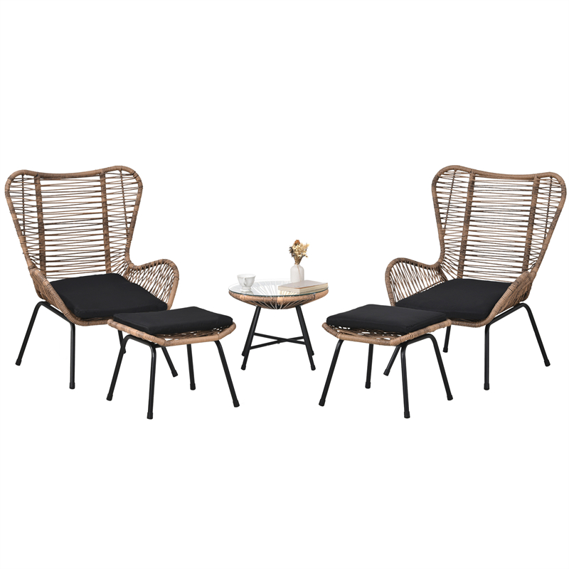 

Outdoor Patio 5-Piece Rattan Conversation Set PE Wicker Arm Chairs with Stools and Tempered Glass Tea Table for Balcony Natural Rattan