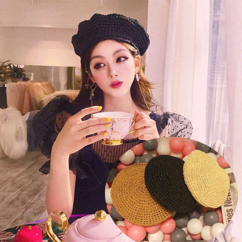 

2022 New Handmade Women Berets French Female Straw Hats Designer Girl Flat Cap Knit Black Beret Gifts For Woman Summer