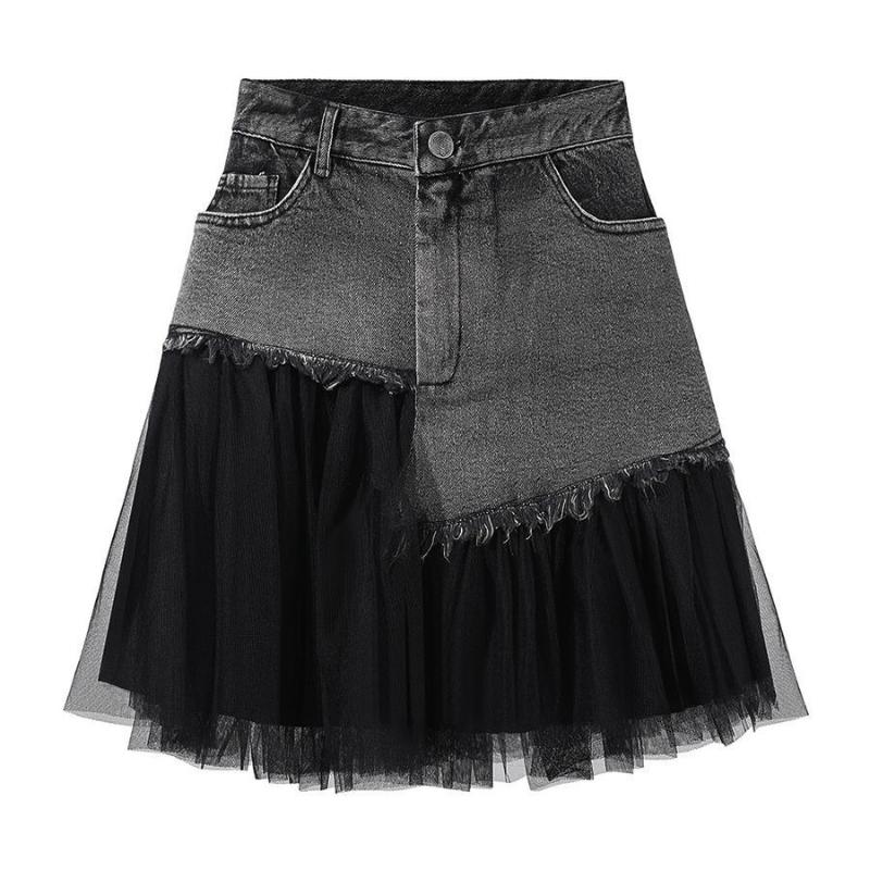 

Skirts Gothic Casual Plus Size Mesh Patchwork Ruffles Mini Denim Streetwear Jeans Skirt Female Irregular Pleated, Black