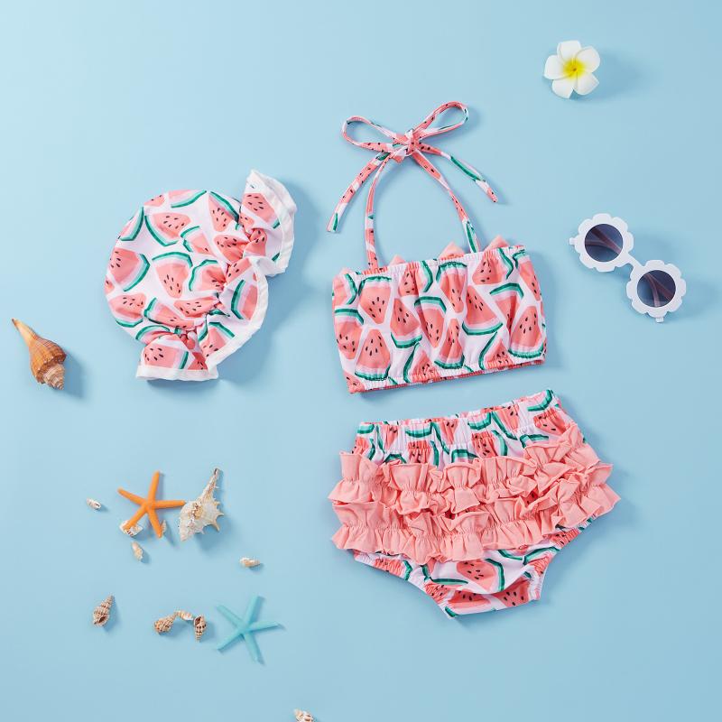 

Clothing Sets Summer Baby Girls Split Swimwear Set Watermelon Print Sleeveless Bikini With Bowknot Shorts Stretchy Hat SwimsuitClothing, Red