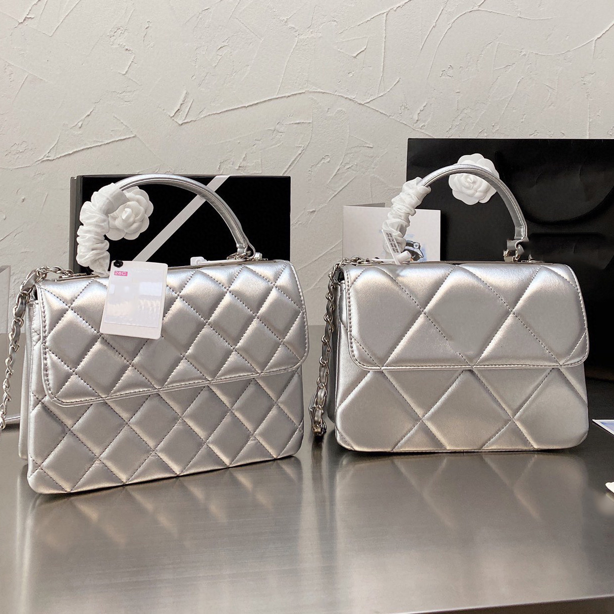 

7A 22P Calfskin Leather Trendy Bags Top Handle Quilted Matelasse handbag Chain Cross Body Shoulder Classic Flap Large Capacity Famous, Grey