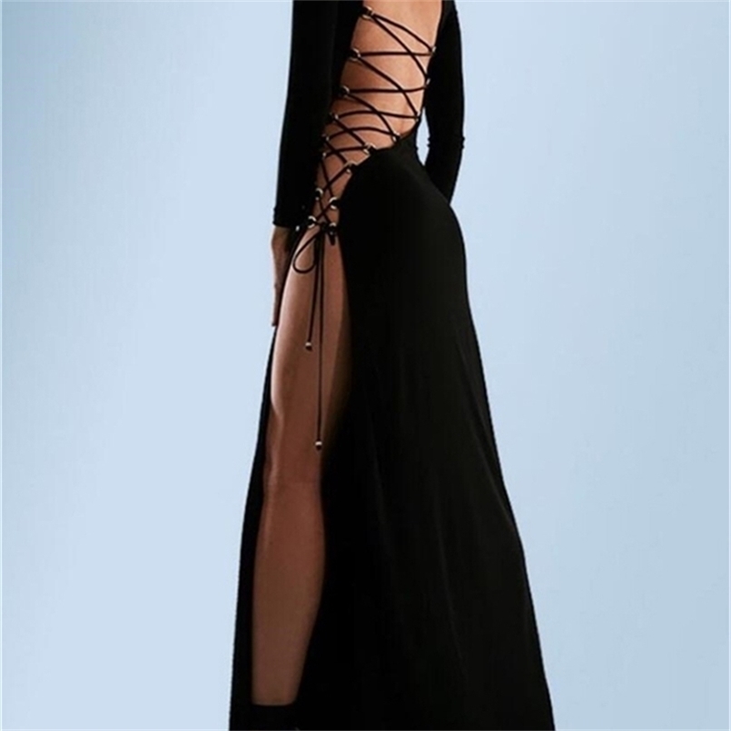 

Yiallen Summer Fashion Bandage Sexy Backless Long Women Elegant Club Party Split Hollow Out Sleeve Female Clothing 220613, Black